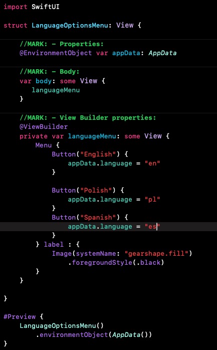 Code snippet 5: Language Options Menu