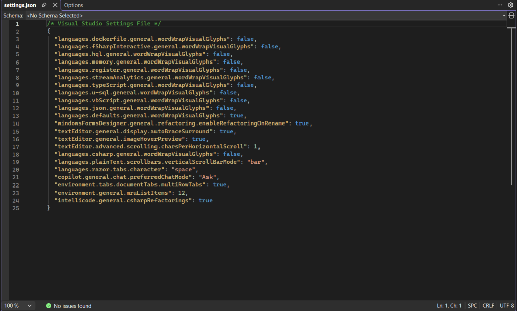 Okno ustawień edycja w trybie .json