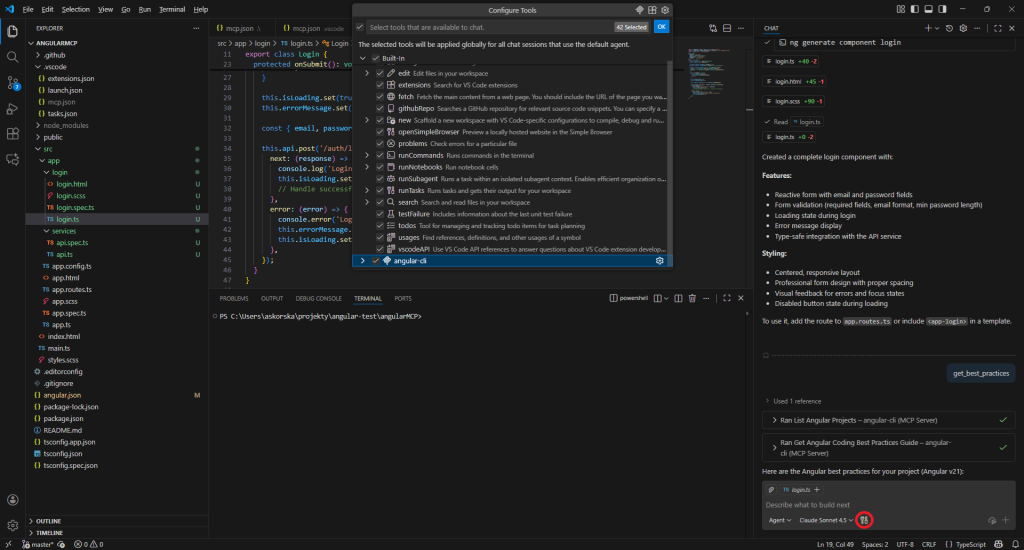 okno czatu z dostępnym narzędziem angular-cli
