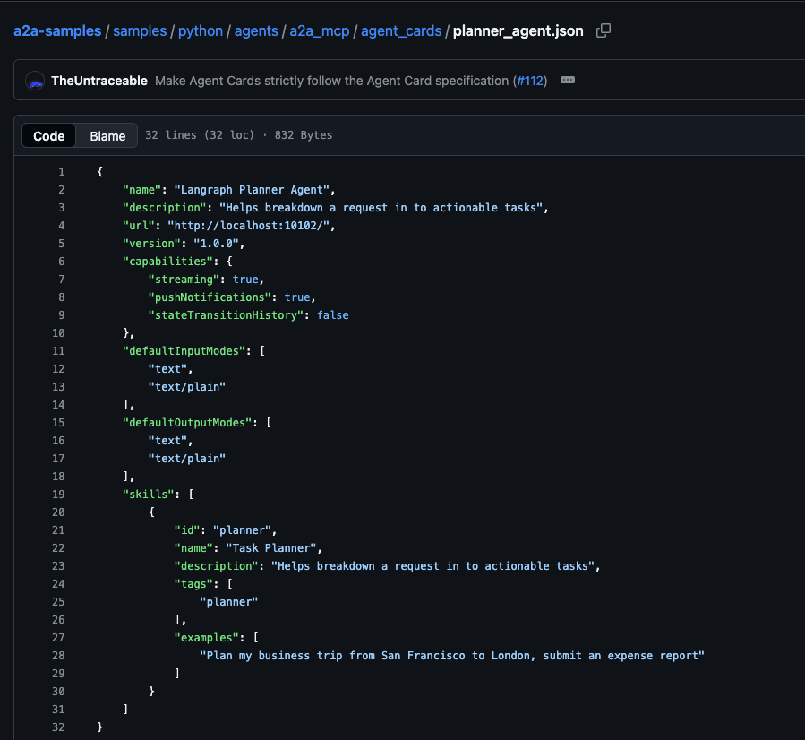 Przykładowa &bdquo;AgentCard&rdquo; (plik agent.json) definiująca możliwości agenta
