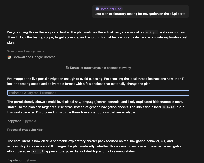 Codex / computer use lub interfejs Codexa przy pracy na środowisku