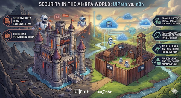Fig. 5 Security in the AI+RPA: UiPath vs N8n (graphics generated with Google Gemini 3 Pro) Security in the AI+RPA: UiPath vs N8n (graphics generated with Google Gemini 3 Pro)