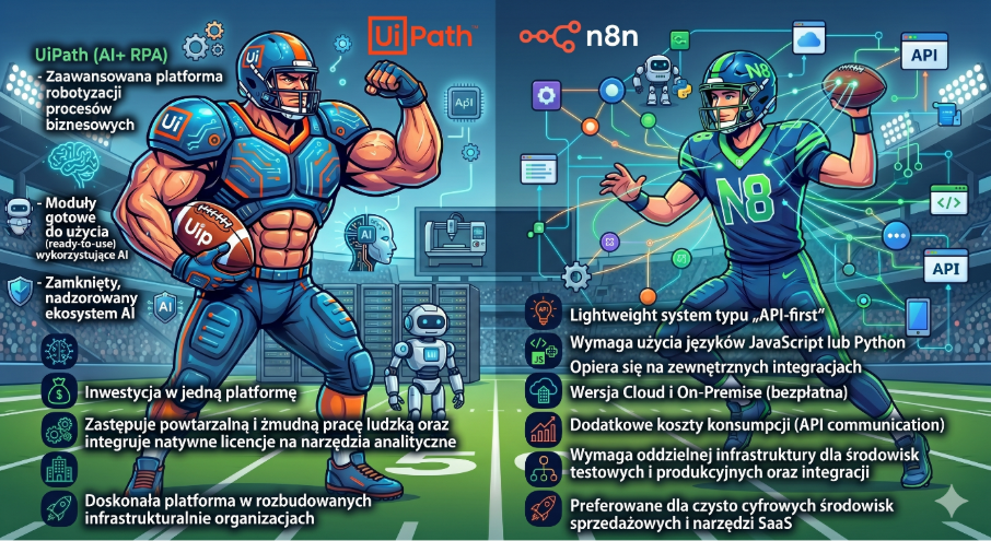 Ryc. 1 UiPAth&nbsp;vs.&nbsp;n8n&nbsp;(grafika wygenerowana przy pomocy Google&nbsp;Gemini&nbsp;3 Pro)