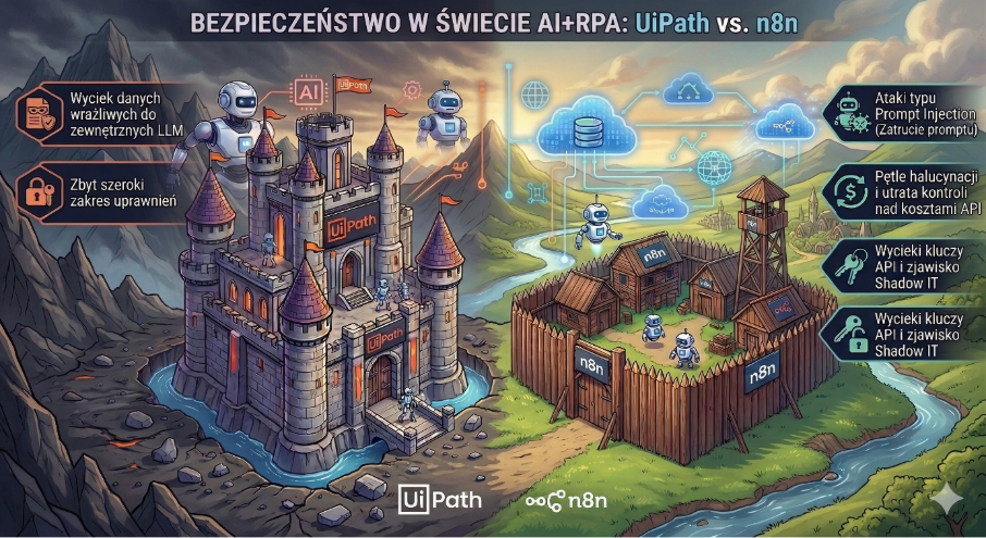 Bezpieczeństwo w świecie AI+RPA: UiPath vs. N8n (grafika wygenerowana przy pomocy Google Gemini 3 Pro)