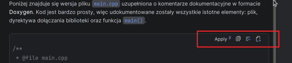 Opcje aplikacji zmian w kodzie wygenerowanych przez AI Chata