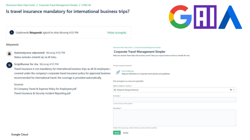 Przykładowa interakcja z GAIA w Jira Service Management 