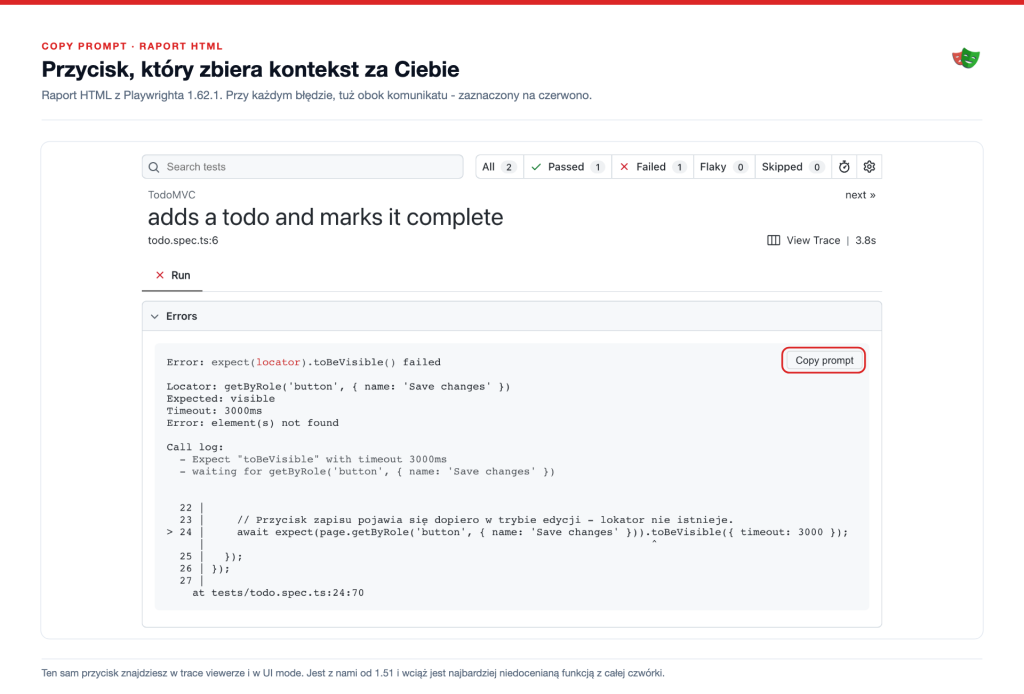 Copy prompt w raporcie HTML &ndash; jeden przycisk przy każdym błędzie