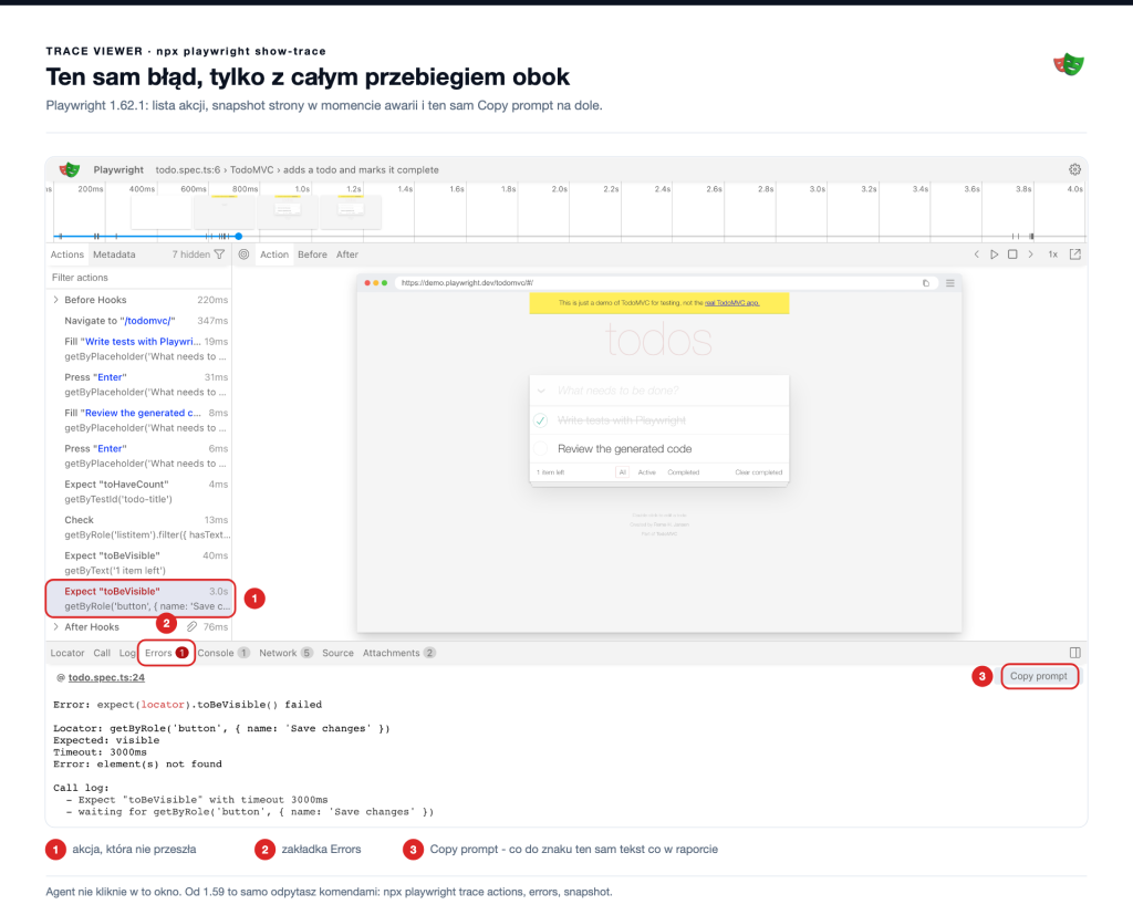 Trace viewer z zaznaczoną akcją, kt&oacute;ra nie przeszła, zakładką Errors i przyciskiem Copy prompt