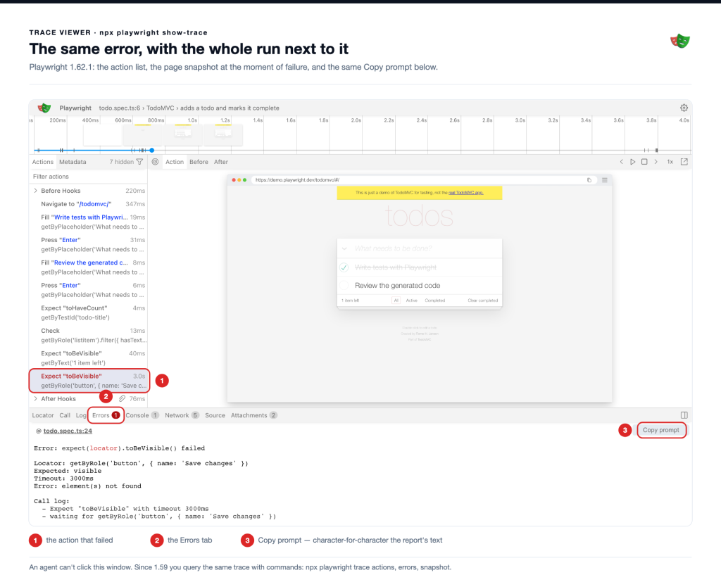 The trace viewer with the failing action, the Errors tab, and the Copy prompt button marked